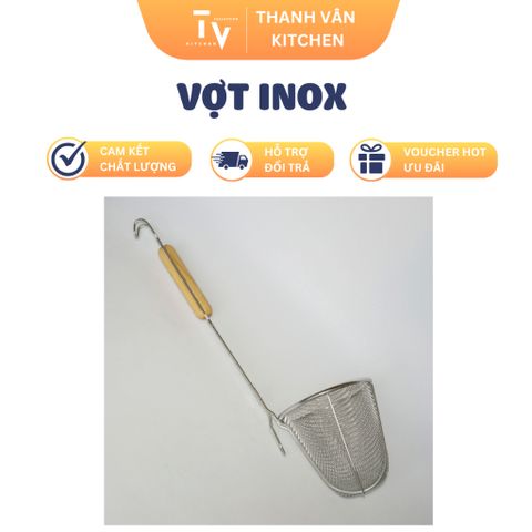 Vợt Inox Trụng Hủ Tiếu Sâu Lòng Cán Gỗ Đáy Dày - Dụng Cụ Nhà Bếp Chất Lượng Cao, Hỗ Trợ Nấu Ăn Tiện Lợi (TV178)
