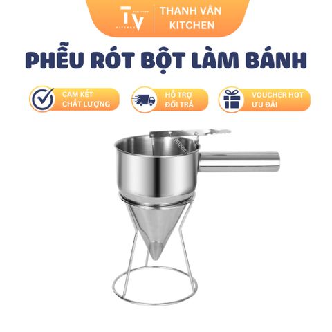 Phễu inox rót bột có giá đứng và tay cầm tiện dụng - Dụng cụ làm bánh chuyên nghiệp cho nhà bếp 130x200mm (TV664)