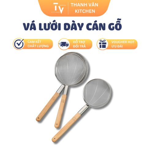 Vợt Trụng Đồ Ăn Inox Cán Gỗ - Dùng Cho Hủ Tiếu, Bún, Phở, Miến Thích Hợp Cho Bếp và Quán Ăn (26-30cm) (TV337)