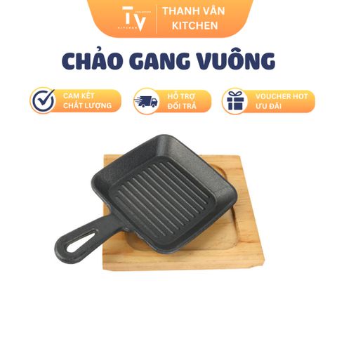 Chảo Gang Vuông Có Tay Cầm Chống Bỏng - Chảo Trứng Cuộn Beefsteak Gọn Nhẹ Kèm Đế Gỗ - Đồ Gia Dụng Nhà Bếp TVKITCHEN  (TV73)