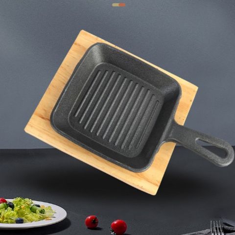 Chảo Gang Vuông Có Tay Cầm Chống Bỏng - Chảo Trứng Cuộn Beefsteak Gọn Nhẹ Kèm Đế Gỗ - Đồ Gia Dụng Nhà Bếp TVKITCHEN  (TV73)