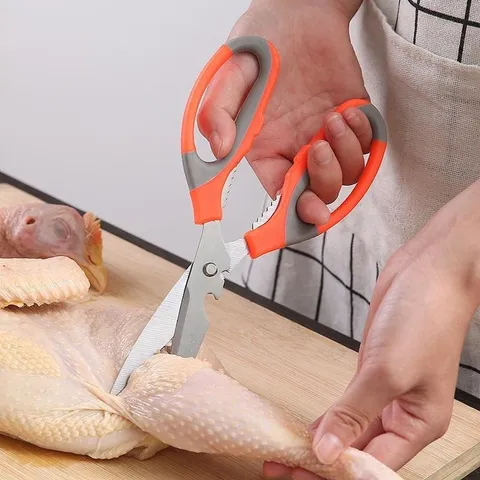 Kéo Đa Năng Nhà Bếp Siêu Bén - Kéo Cắt Gà Tiện Dụng Cán Nhựa Phối Cam - Xám | TVKITCHEN (TV22)