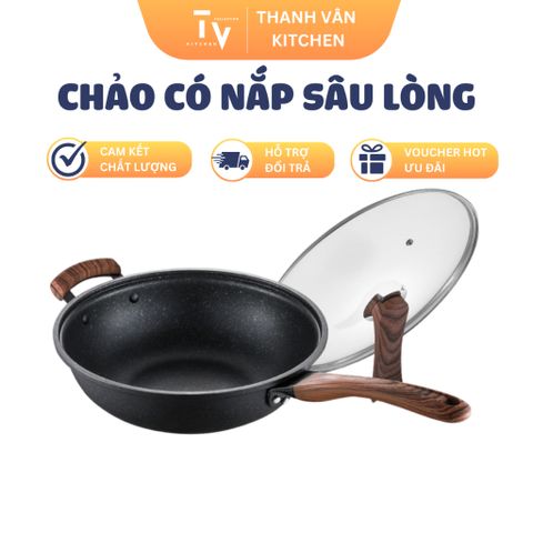 Chảo Chống Dính Sâu Lòng Có Nắp Đậy Trong Suốt, Tay Cầm Gỗ, Dụng Cụ Nhà Bếp An Toàn, Chất Liệu Bền Đẹp - TVKITCHEN (TV324)