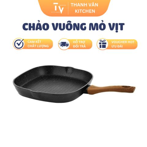 Chảo Gang Vuông Đá Vân - Chảo Bít Tết Cán Gỗ Có Mỏ Vịt Rót Dầu - Đáy Từ Đa Năng Nhà Bếp (TV613)