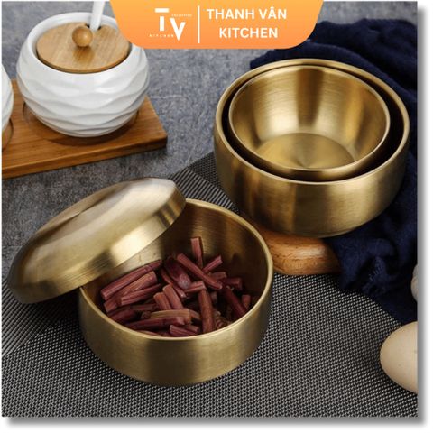 Bát inox 304 hai lớp có nắp mạ vàng bạc kiểu Hàn Quốc - Đồ gia dụng an toàn cho gia đình, dễ vệ sinh, bền bỉ (TV78)