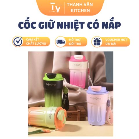 Cốc Giữ Nhiệt Inox 316 420ml Có Nắp Đo Nhiệt Độ & Quai Xách Dễ Thương - Đồ Gia Dụng Nhà Bếp TVKITCHEN (TV111)