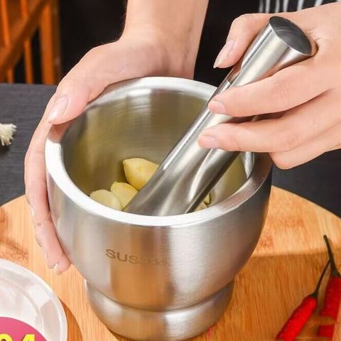 Bộ chày cối inox 304 dày đẹp có nắp nhựa - Dụng cụ nhà bếp chống văng, kích thước đa dạng cho mọi nhu cầu nấu nướng (TV658)
