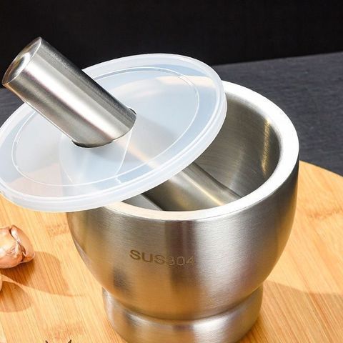 Bộ chày cối inox 304 dày đẹp có nắp nhựa - Dụng cụ nhà bếp chống văng, kích thước đa dạng cho mọi nhu cầu nấu nướng (TV658)