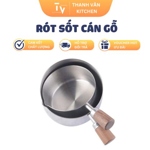 Bát Rót Nước Xốt Bít Tết Inox 201, Chén Đựng Xốt Thông Minh 250ml, Tay Cầm Gỗ Chống Đổ - Dụng Cụ Nhà Bếp Tiện Lợi (TV519)
