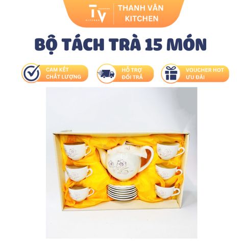 Bộ tách trà sứ cao cấp 15 món TVKITCHEN - Bộ dụng cụ nhà bếp sang trọng và tiện ích, quà tặng lý tưởng cho tín đồ trà (TV97)