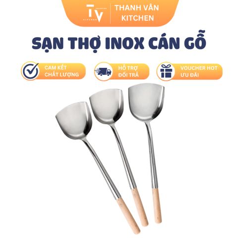 Sạn Xào Inox Cán Gỗ - Sạn Chiên Thức Ăn, Sạn Phẳng Chiên Cá Chất Lượng Cao - Dụng Cụ Nhà Bếp Tiện Dụng (TV451)
