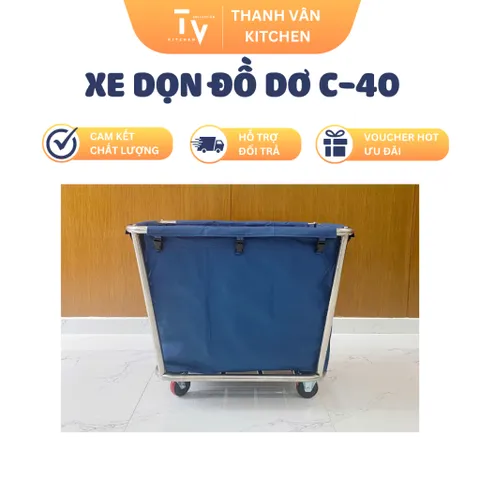 Xe Dọn Đồ Dơ C-40 Inox 201 - Thùng Đựng Đồ Nhà Bếp Đa Năng, Túi Vải Xanh, Kích Thước 900x650x850mm (TV558)