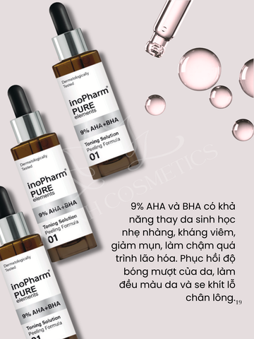 Serum Tẩy Da Chết 9% AHA BHA InoPharm Pure Elements 30ml - Giúp Giảm Mụn, Làn Da Sáng Mịn, Phục Hồi Độ Đàn Hồi Tự Nhiên