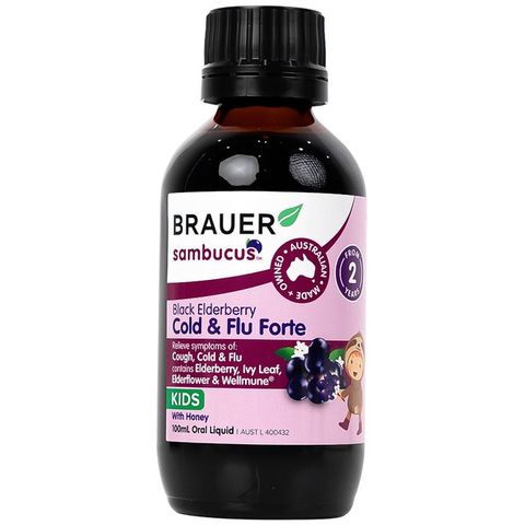 Siro BRAUER BLACK ELDERBERRY COLD & FLU FORTE 100ML - Giảm triệu chứng cảm cúm và cảm lạnh, tăng cường hệ miễn dịch tự nhiên.