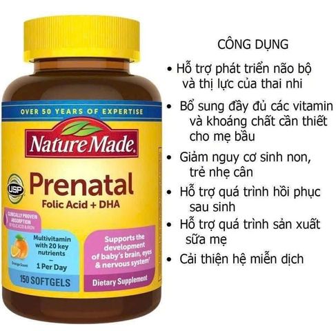 Vitamin Bầu Nature Made Prenatal Multi + DHA 150 viên - Bổ sung 23 vitamin và khoáng chất thiết yếu cho mẹ và bé, hỗ trợ phát triển não bộ trẻ nhỏ.
