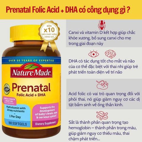 Viên Uống Vitamin Tổng Hợp Cho Bà Bầu Nature Made Prenatal + Folic Acid + DHA 150 Viên - Bổ Sung Dinh Dưỡng Cho Mẹ Và Thai Nhi