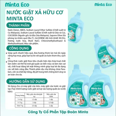 Nước Giặt Xả Hữu Cơ Minta - Hương Thơm Lưu Giữ Lâu Dài, An Toàn Cho Da Nhạy Cảm, Phù Hợp Với Gia Đình Có Trẻ Nhỏ