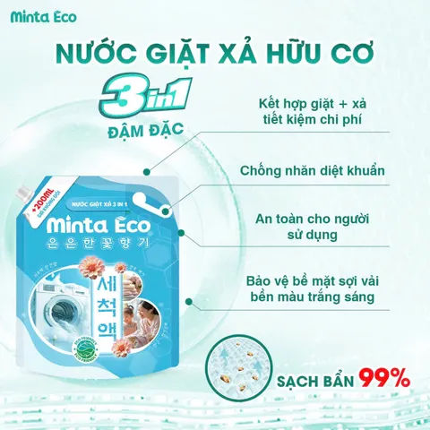 Túi Nước Giặt Hữu Cơ 3in1 Minta - Hương Thơm Tươi Mát, An Toàn Cho Da Nhạy Cảm, Giặt Sạch Hiệu Quả, Bảo Vệ Vải Quần Áo