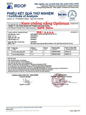 Kem Chống Nắng Thanh Mộc Hương Optimus Anti Shine SPF50+ PA++++ - Dưỡng Da Nâng Tone Chống Trôi 50ml