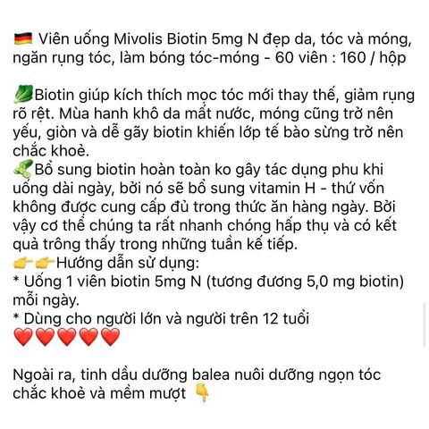 Viên uống Biotin Mọc Tóc - Giúp Tóc Mềm Mượt, Khỏe Mạnh, Giảm Gãy Rụng - Hàng Chính Hãng Nhập Khẩu Từ Đức (60 Viên)