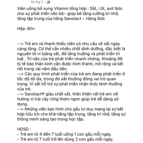 Viên Uống Bổ Não Sanotact - Giàu Sắt, I-ốt & Axit Folic Dành Cho Trẻ Em - Hỗ Trợ Tăng Cường Trí Nhớ, Hộp 60 Viên Gấu Dễ Thương