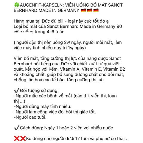 Viên Uống Bổ Mắt Sanct Bernhard 90 Viên - Hỗ Trợ Sức Khỏe Mắt, Giảm Căng Thẳng Và Bảo Vệ Con Mắt - Hàng Đức Chính Hãng