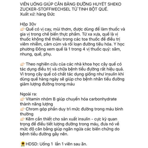 Viên Uống Ổn Định Đường Huyết Từ Tinh Bột Quế Sheko - An Toàn, Thuần Chay - Hộp 30 Viên Đức