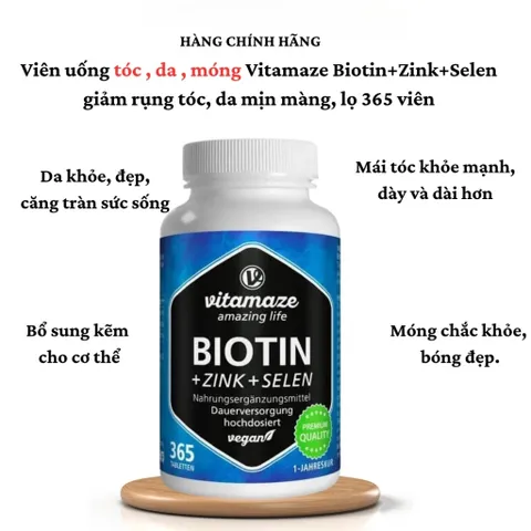 Viên Uống Tóc Da Móng Vitamaze Biotin 10,000 mcg - Giảm Rụng Tóc, Làm Da Mịn Màng - Hộp 365 Viên Xuất Xứ Đức