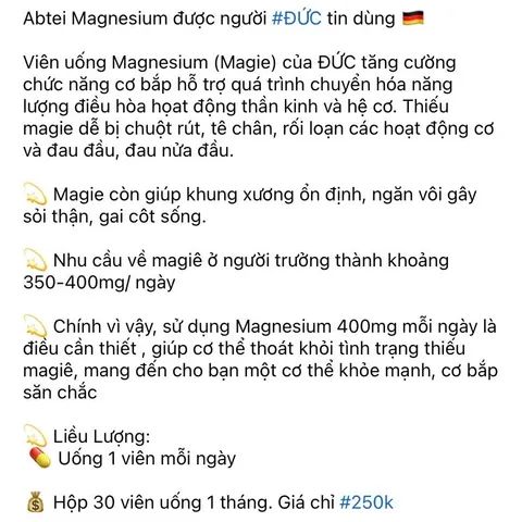 Viên uống Abtei Magnesium 30 viên - Khoáng chất hỗ trợ sức khỏe từ Đức, vitamin tổng hợp chất lượng cao