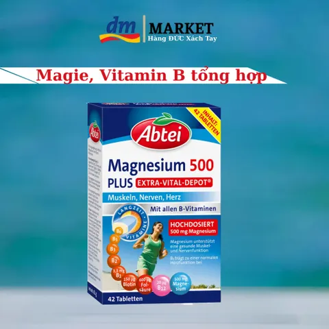 Viên Ngậm Abtei Magnesium 500 plus - Hỗ Trợ Cơ Bắp, Hệ Tim Mạch, Hộp 42 Viên Vitamin B Đức