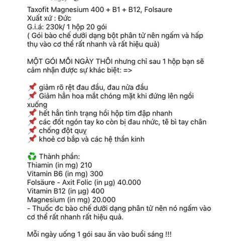 Taxofit Magnesium 400mg + Vitamin B1, B6, B12 & Acid Folic 800µg - Hộp 20 Gói Dạng Hạt - Vitamin Tổng Hợp Hỗ Trợ Sức Khỏe Từ Đức