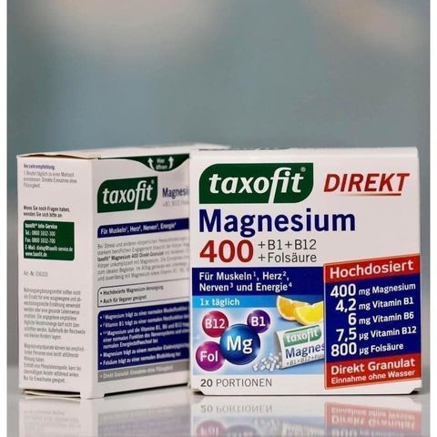 Taxofit Magnesium 400mg + Vitamin B1, B6, B12 & Acid Folic 800µg - Hộp 20 Gói Dạng Hạt - Vitamin Tổng Hợp Hỗ Trợ Sức Khỏe Từ Đức