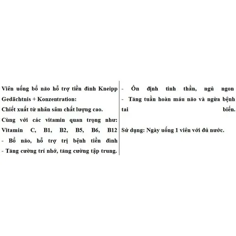 Viên Uống Bổ Não Kneipp Gedachtnis Konzentration - Tăng Cường Lưu Thông Máu, Giảm Căng Thẳng, Hộp 30 Viên Đức