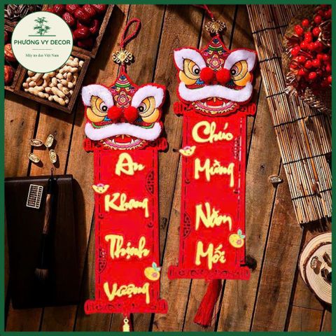 Cặp Liễn Nhung Đầu Lân 3D - Dây Treo Tết Trang Trí Phương Vy Decor - Chúc Mừng Năm Mới Đỏ Đẹp 18cm x 96cm