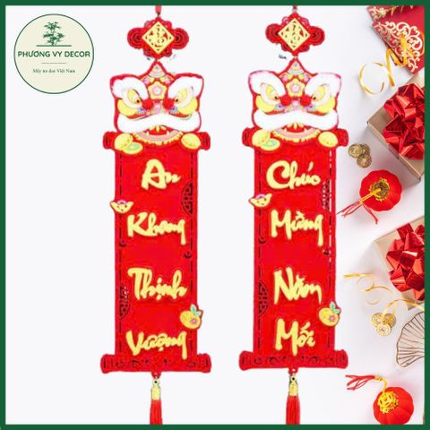 Cặp Liễn Nhung Đầu Lân 3D - Dây Treo Tết Trang Trí Phương Vy Decor - Chúc Mừng Năm Mới Đỏ Đẹp 18cm x 96cm