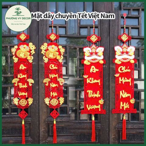 Cặp Liễn Nhung Đầu Lân 3D - Dây Treo Tết Trang Trí Phương Vy Decor - Chúc Mừng Năm Mới Đỏ Đẹp 18cm x 96cm