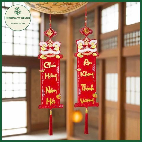 Cặp Liễn Nhung Đầu Lân 3D - Dây Treo Tết Trang Trí Phương Vy Decor - Chúc Mừng Năm Mới Đỏ Đẹp 18cm x 96cm