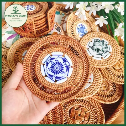 Lót Ly Mây Đan Handmade Kết Hợp Gốm Sứ - Phụ Kiện Trang Trí Bàn Ăn Sang Trọng, Quà Tặng Ý Nghĩa Việt Nam