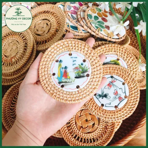 Lót Ly Mây Đan Handmade Kết Hợp Gốm Sứ - Phụ Kiện Trang Trí Bàn Ăn Sang Trọng, Quà Tặng Ý Nghĩa Việt Nam