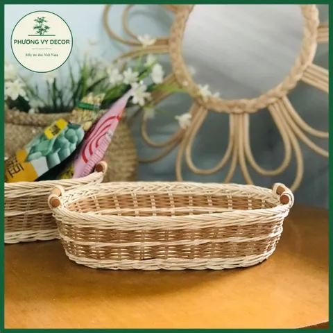 Rổ mây trắng vân nâu đựng bánh kẹo, rổ cắm hoa, giỏ picnic trang trí đa năng Phương Vy Decor