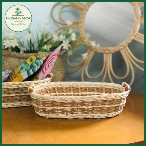 Rổ mây trắng vân nâu đựng bánh kẹo, rổ cắm hoa, giỏ picnic trang trí đa năng Phương Vy Decor