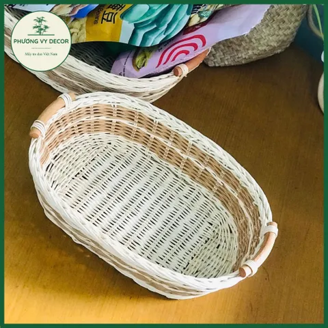 Rổ mây trắng vân nâu đựng bánh kẹo, rổ cắm hoa, giỏ picnic trang trí đa năng Phương Vy Decor