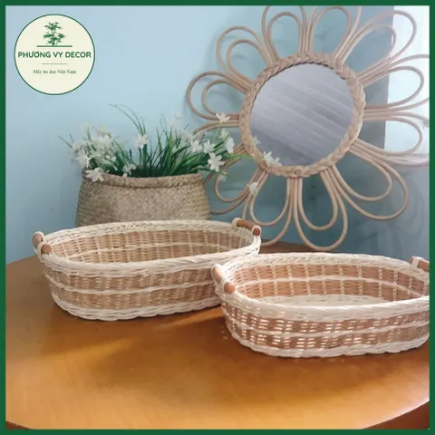 Rổ mây trắng vân nâu đựng bánh kẹo, rổ cắm hoa, giỏ picnic trang trí đa năng Phương Vy Decor