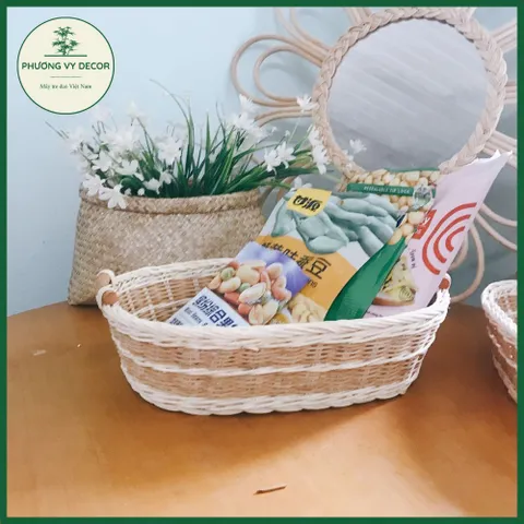 Rổ mây trắng vân nâu đựng bánh kẹo, rổ cắm hoa, giỏ picnic trang trí đa năng Phương Vy Decor