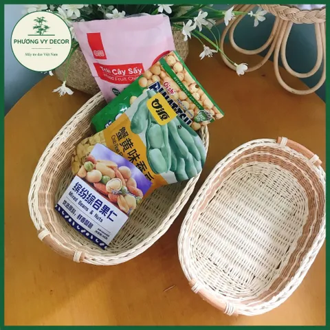 Rổ mây trắng vân nâu đựng bánh kẹo, rổ cắm hoa, giỏ picnic trang trí đa năng Phương Vy Decor