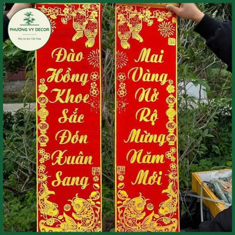 Câu Đối Đỏ Nhung Kim Tuyến Trang Trí Ngày Tết - Liễn Treo Cửa Độc Đáo Phương Vy Decor 25x90cm