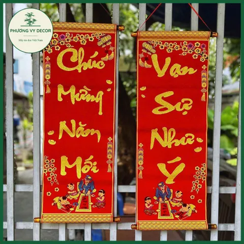 Câu Đối Đỏ Nhung Kim Tuyến Trang Trí Ngày Tết - Liễn Treo Cửa Độc Đáo Phương Vy Decor 25x90cm