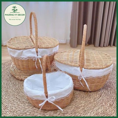 Giỏ Mây Có Nắp Trắng - Giỏ Picnic Dã Ngoại, Đựng Đồ Ăn & Trang Trí Decor Thời Trang