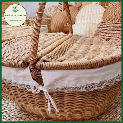 Giỏ Mây Có Nắp Trắng - Giỏ Picnic Dã Ngoại, Đựng Đồ Ăn & Trang Trí Decor Thời Trang