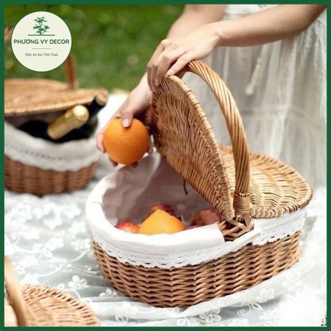 Giỏ Mây Có Nắp Trắng - Giỏ Picnic Dã Ngoại, Đựng Đồ Ăn & Trang Trí Decor Thời Trang